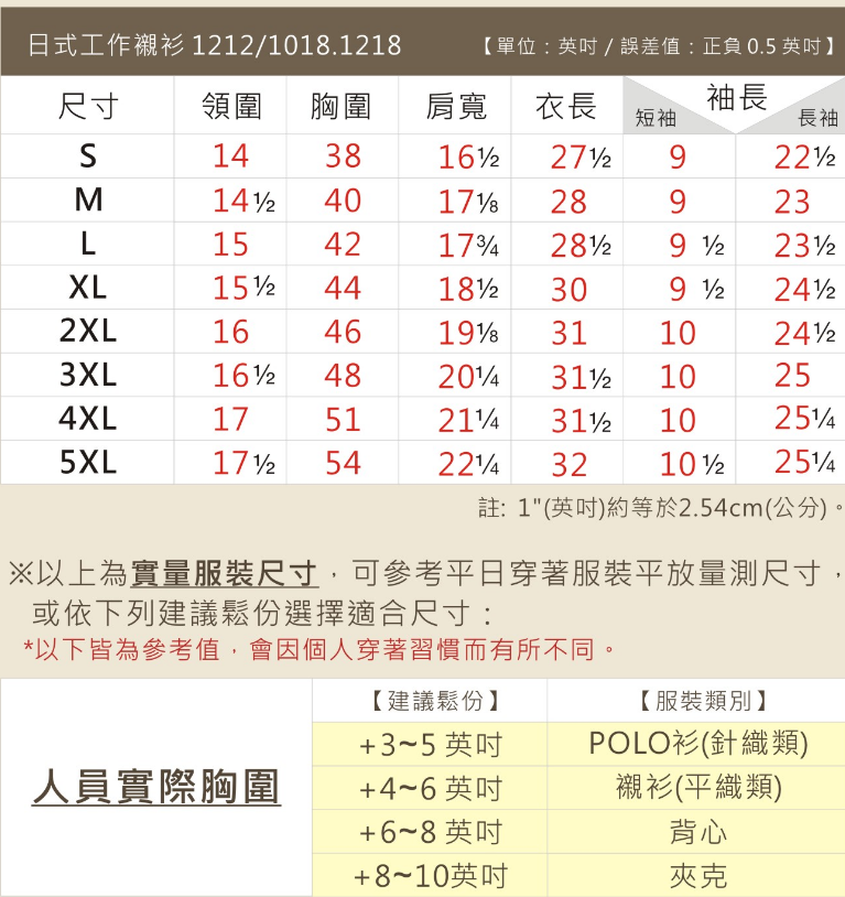 工作服1218尺寸表