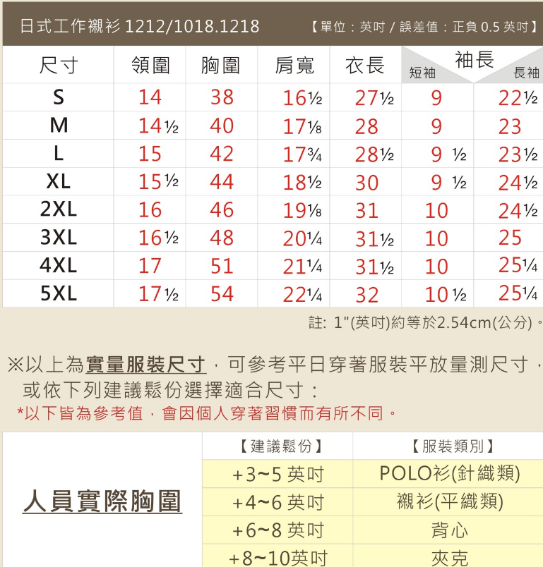 工作服1212 尺寸表...多功能工作長衫