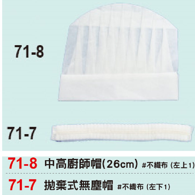 團體服製作   71-8中高廚師帽 71-7拋棄式無塵帽(布織布)