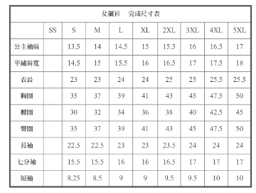 女襯衫尺寸表